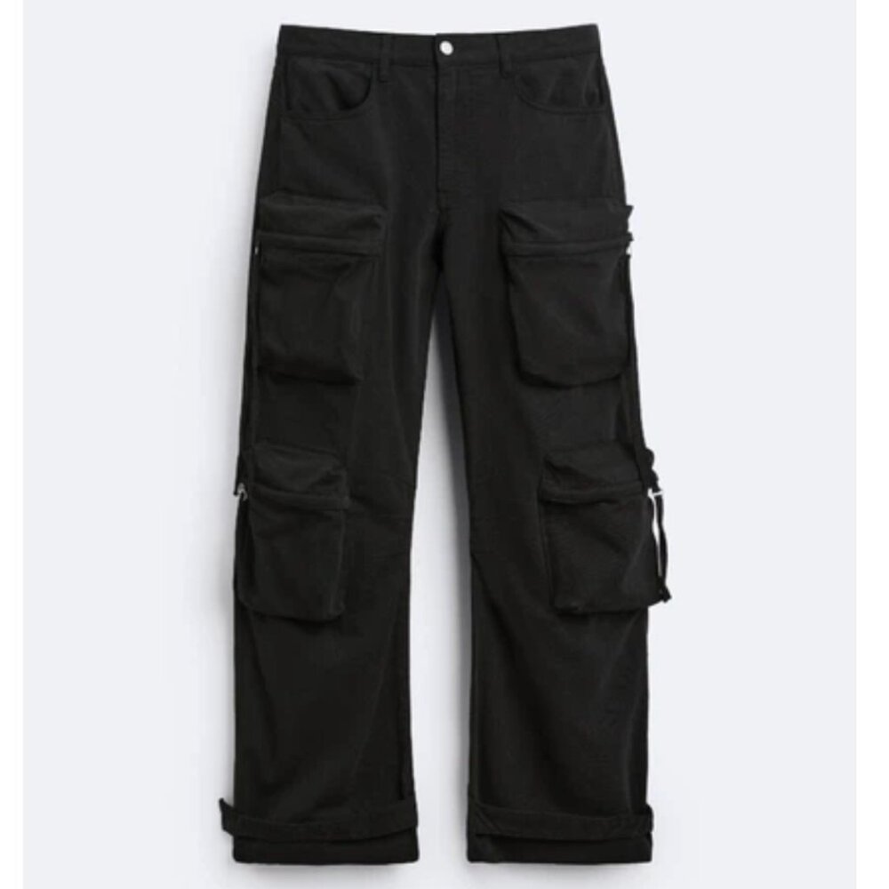 ZARA POCKET DENIM CARGO PANTS IN BLACK SIZE MEN'S 29 (WOMEN'S SMALL/MEDIUM)